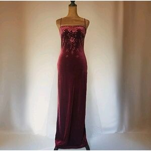 Vintage Y2K 579 Maxi Slip Dress Burgandy Velvet Glitter Floral Size 3 Fairy Goth